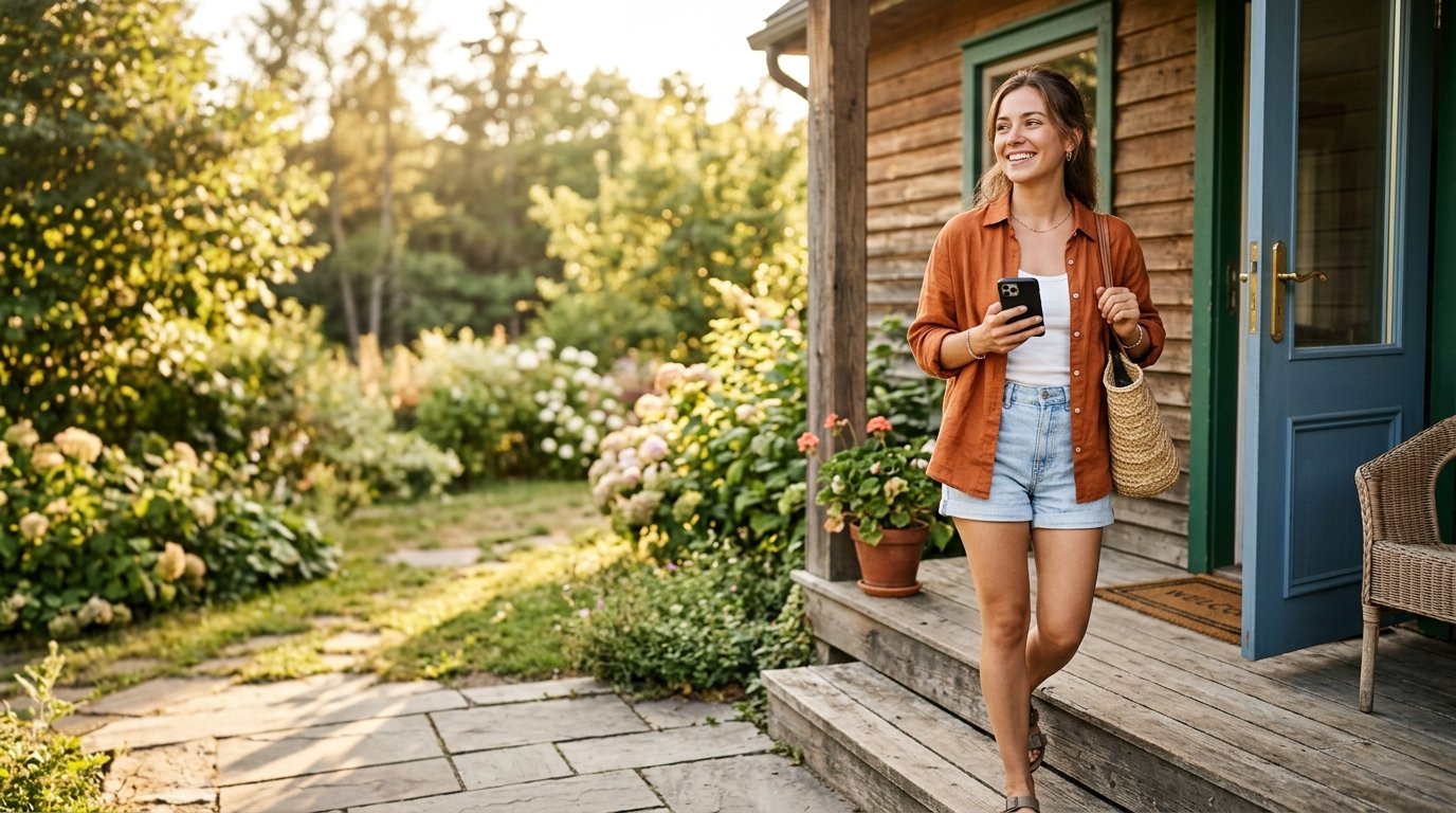 Vrouw die zorgeloos haar huis verlaat