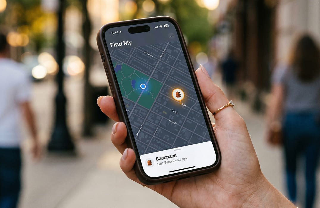 Hand met telefoon die een GPS-kaart toont op een straat in de stad