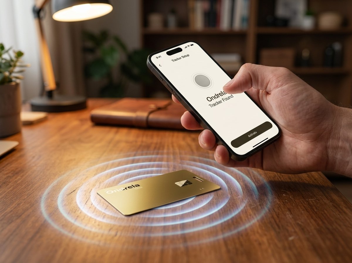 Hand met telefoon die de Ondrela-kaart instelt op een bureau